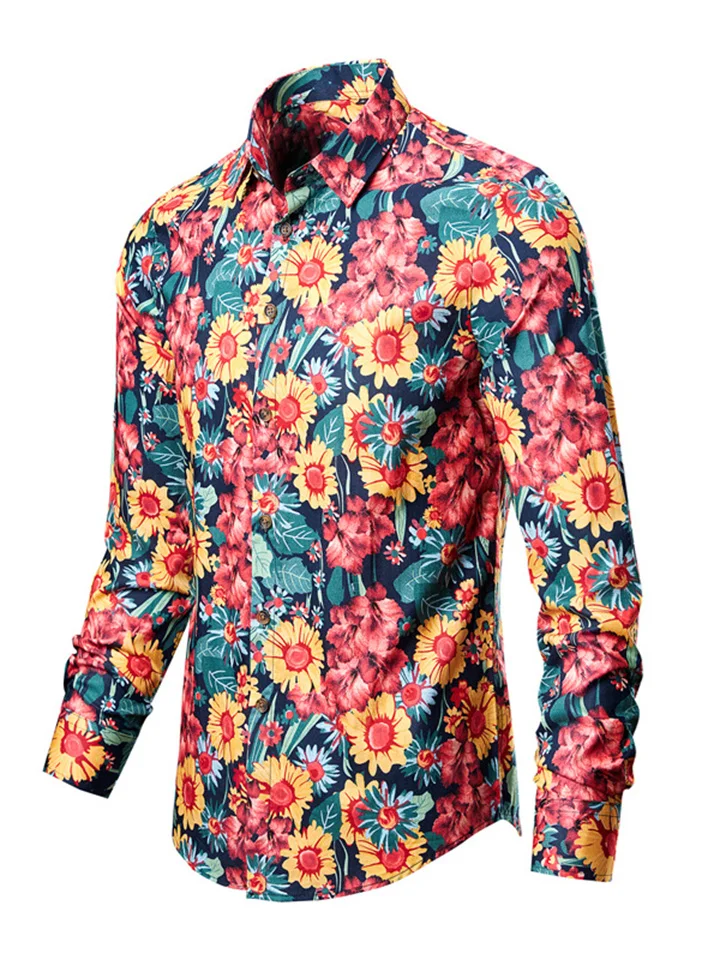 Men's Casual Flower Shirt Fashion Printing Slim Lapel Long-sleeved Shirt