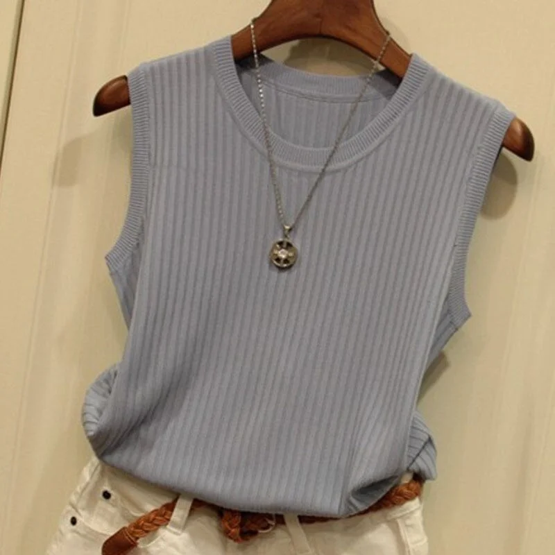 Summer O-neck Solid Casual Tank Fashion Female Sleeveless Thin Tops Knitted Vests Women Top Blusas Mujer De Moda 2021 4588 50