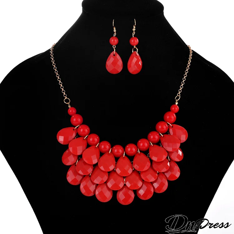 Women Fashion Exaggerated Color Drop Necklace Earrings Set