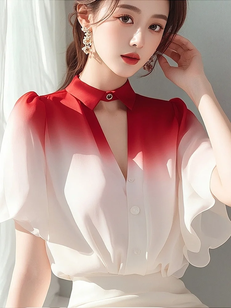 Athvotar Athvotar Year's Popular Unique Beautiful Gradient Shirt Female Light Familiar French Small Short-Sleeved Fairy Air Fluttering Snowfleet Blouse Summer