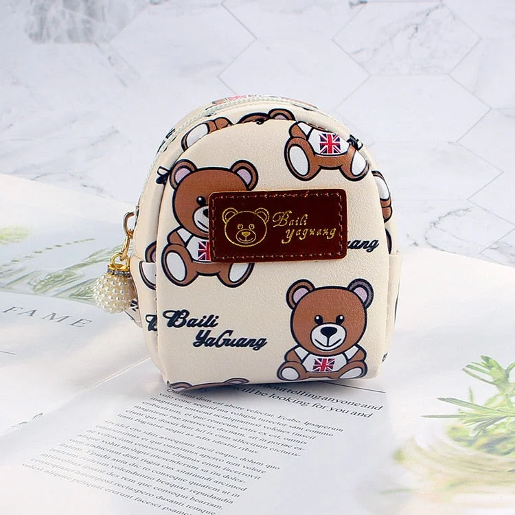 FUDEAM High Quality Leather Bear Cartoon Coin Purse Mini Cute Key Chain Oval Zipper Coin Wallet Lipstick USB Cable Headset Bag