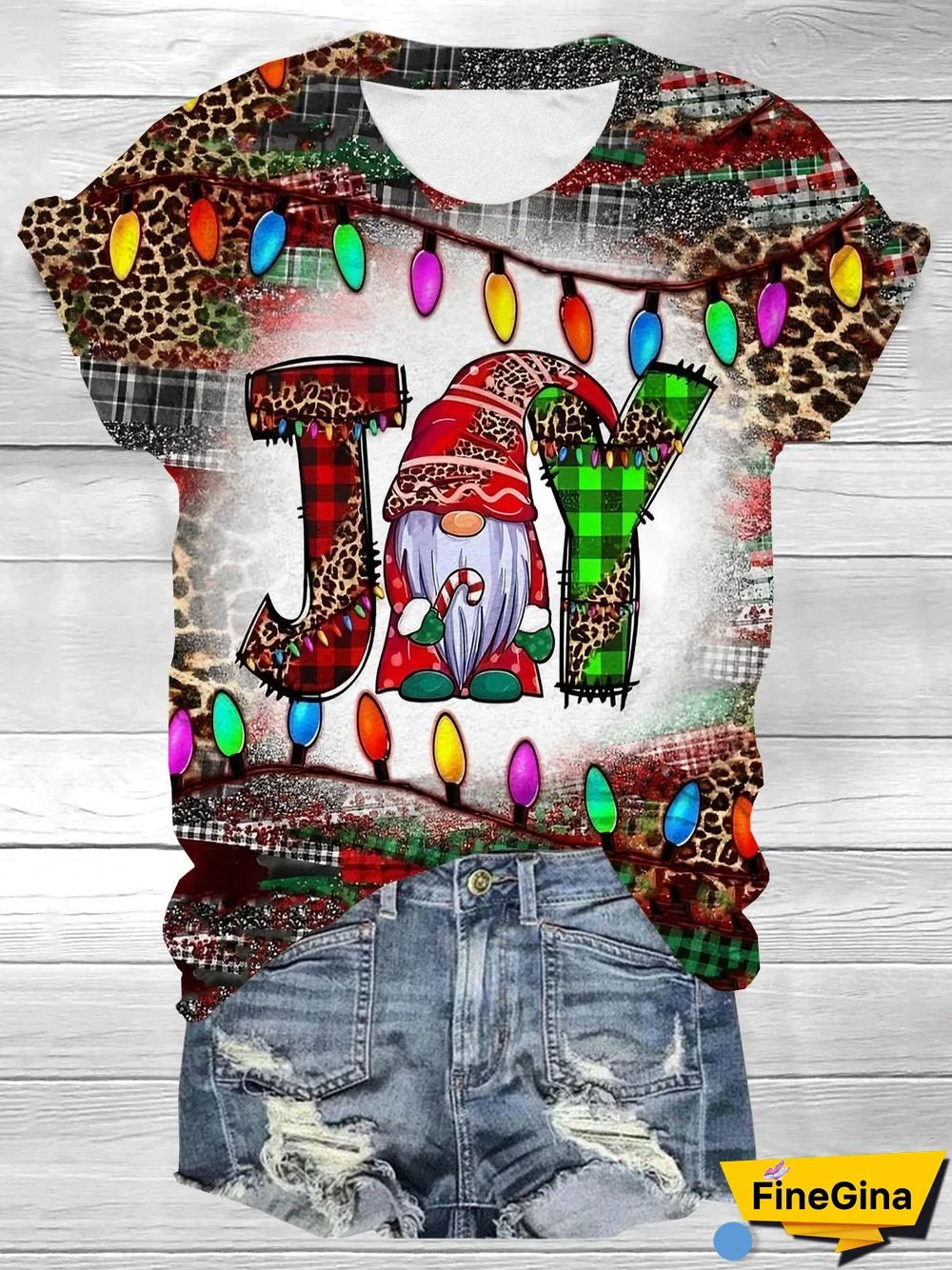 Christmas Gnome Print Crew Neck T-shirt