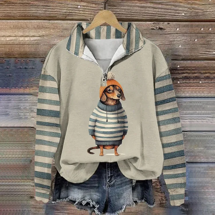 VChics Women's Dachshund Dog Graphic Print Striped Zip Up Polo Sweatshirt