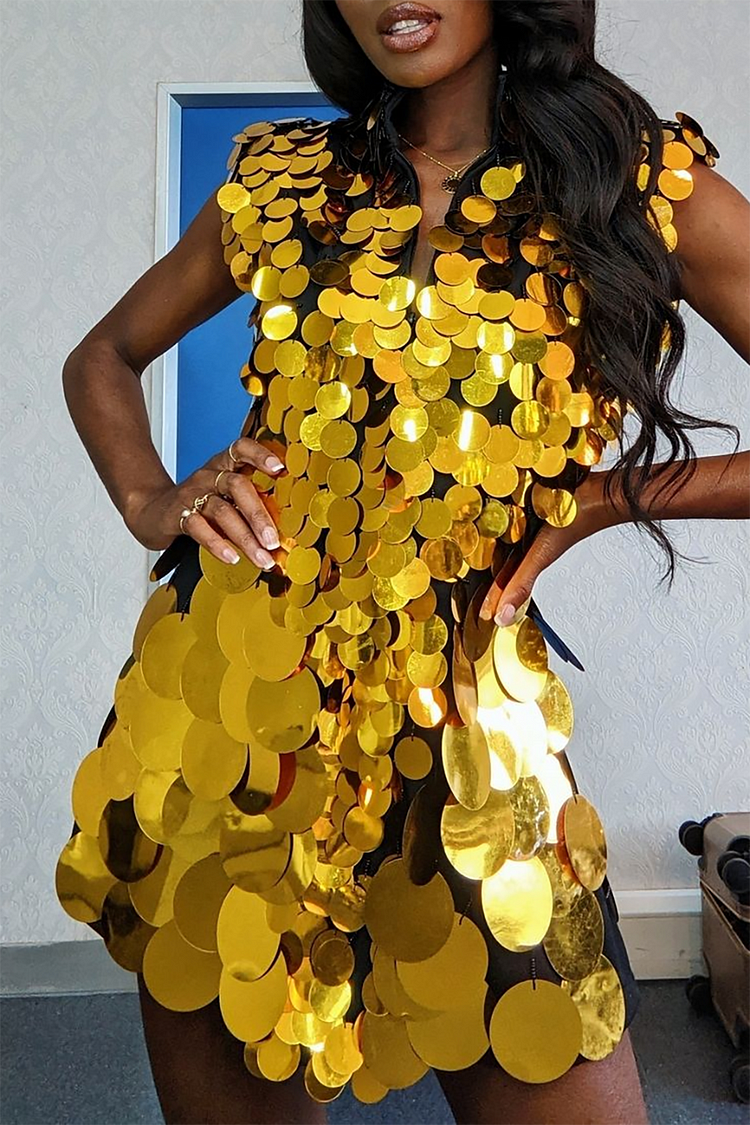 Plus Size Gold Party Sleeveless Round Sequin Mock Neck Mini Dresses 