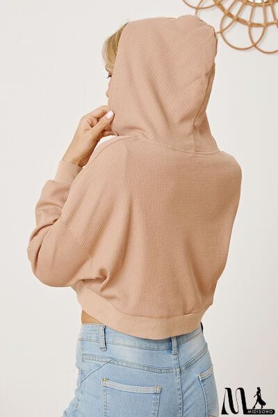 MidiSono - Waffle-Knit Drawstring Zip Up Hoodie