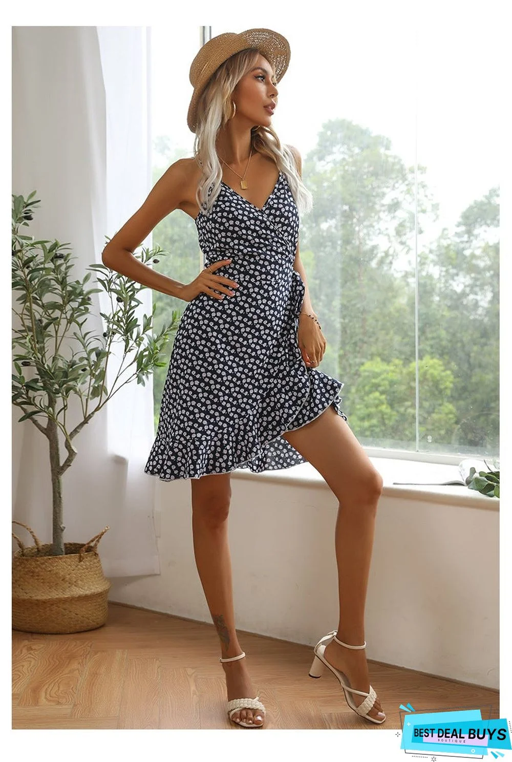 Summer Printing Irregular Ruffled Suspenders Dress Women