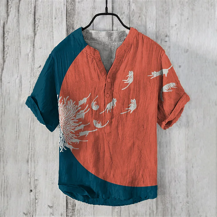 Vintage Dandelion and Cat Printed Cozy Cotton Linen Shirt