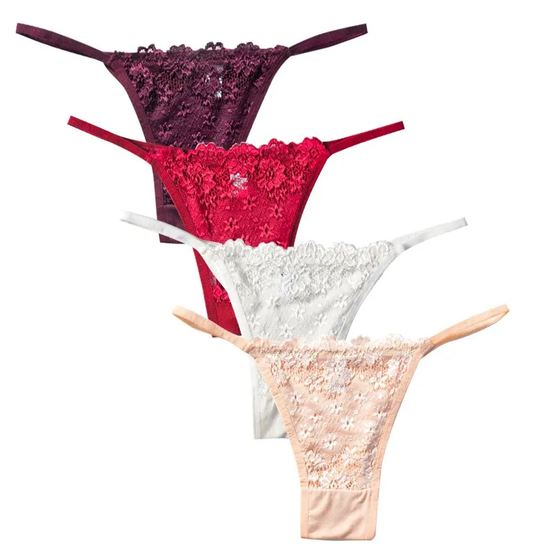 4Pcs Cotton Thongs Women Sexy G-string Panties Girl Underpants Low-rise Lace T-back Underwear Female Lingerie