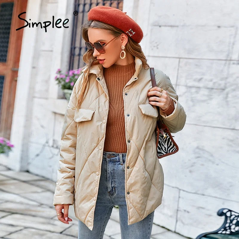 Simplee Elegant pattern button pocket women short coat winter Office lady long sleeves lapel loose parkas Female solid warm coat