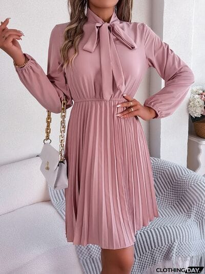 Tie Neck Balloon Sleeve Pleated Dress