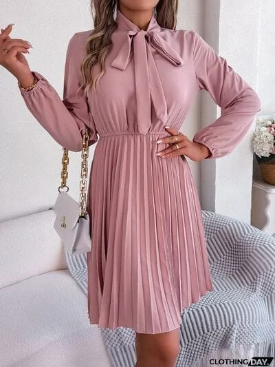 Tie Neck Balloon Sleeve Pleated Dress