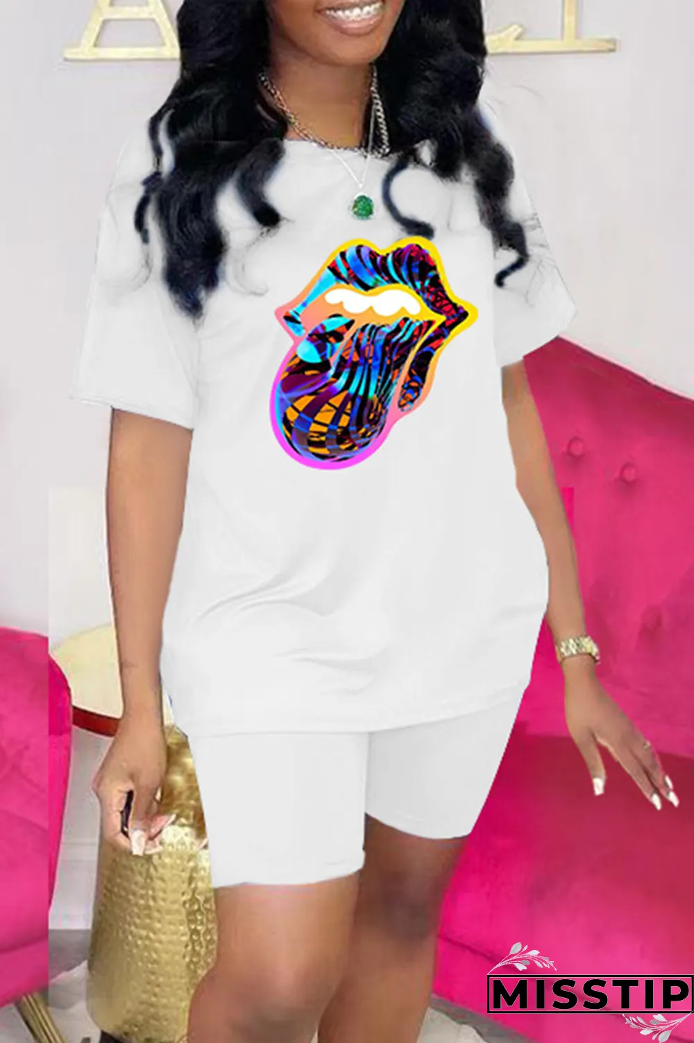 Red Fashion Lips Printed Patchwork O Neck Short Sleeve Two Pieces
