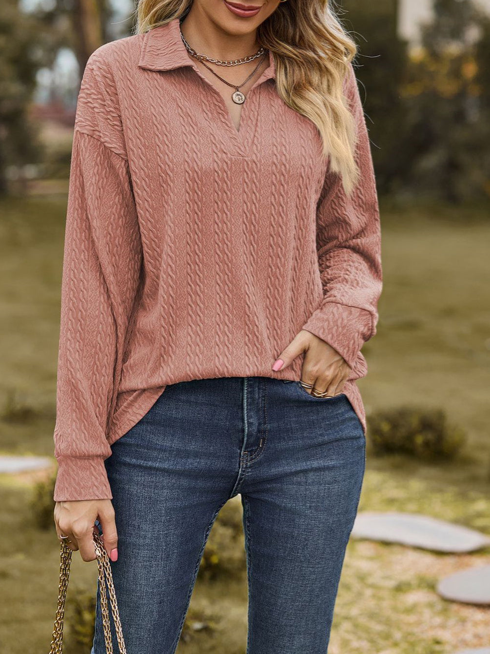 Women's Solid Color V-Neck Long Sleeve Top