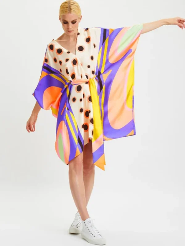 Multi Color Printing Soft Satin Silk Kaftan Mini Dress