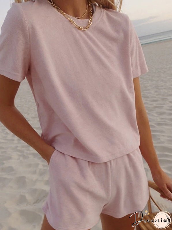 Sets Solid Simple T-Shirt & Shorts Two-Piece Set for Women