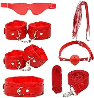 pornhint Pornhint Bondage Restraints BDSM Kit - 7Pcs Leather Restraints Bdsm Toys, Adjustable Handcuffs & Ankle & Neck Cuff, Whip, Gags, Blindfold, Sex Rope, Adult Sex Toys & Games for Men & Women, Couples - Red