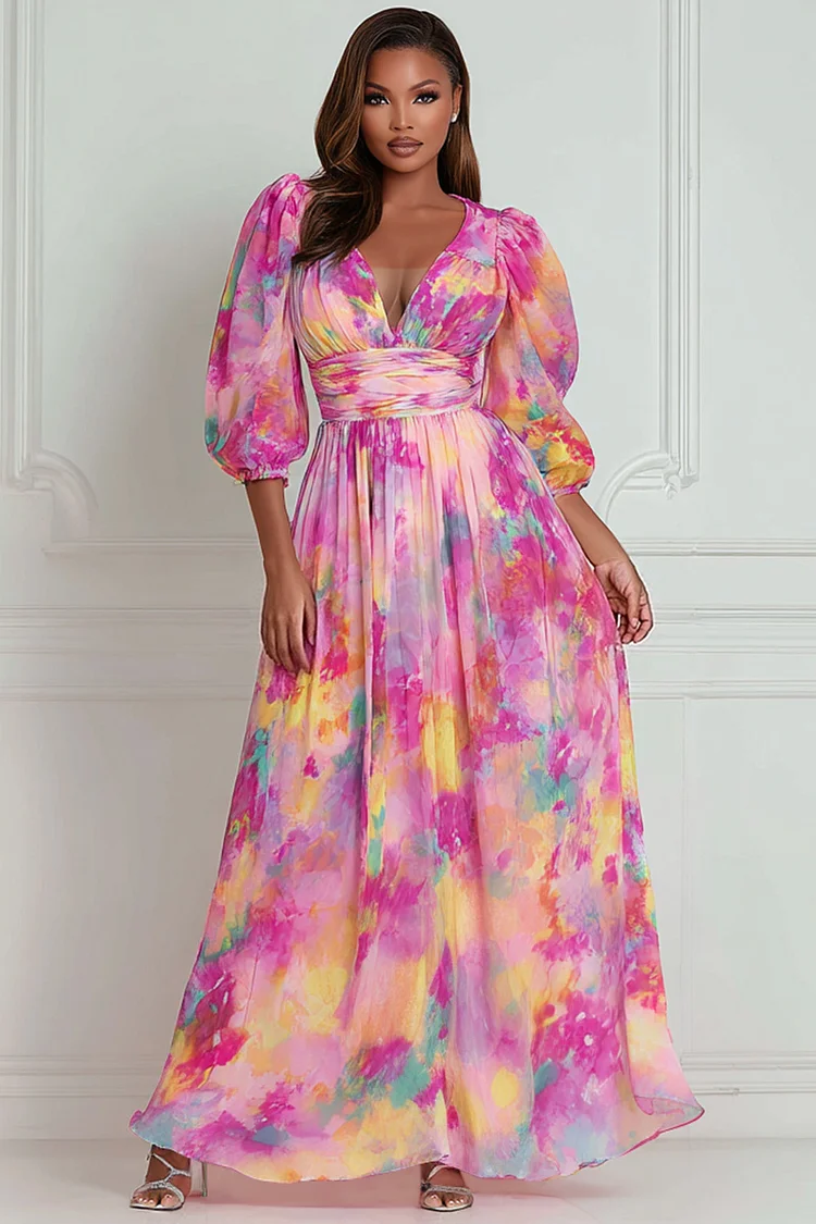 Xpluswear Design Plus Size Wedding Guest Pink Floral V Neck Puff Sleeve Half Sleeve Chiffon Maxi Dresses [Pre-Order] 2024 - Xpluswear
