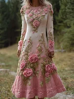 Vintage Pink Floral Gradient Cozy Knit Maxi Sweater Dress