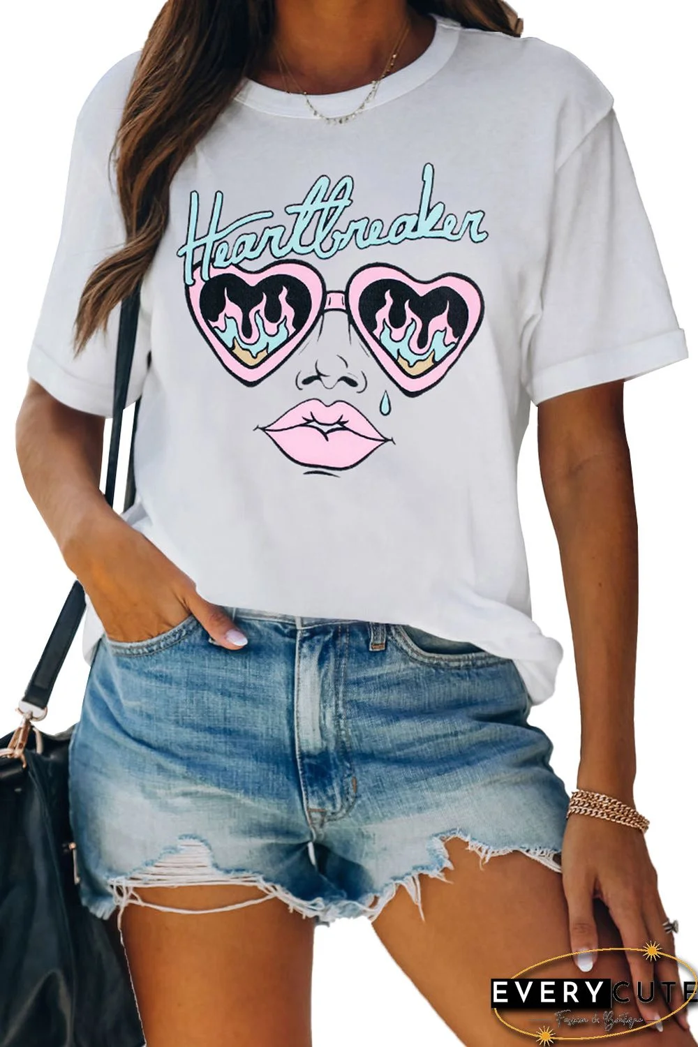 White Sunglass Heart Pattern Print Short Sleeve Graphic T-shirt