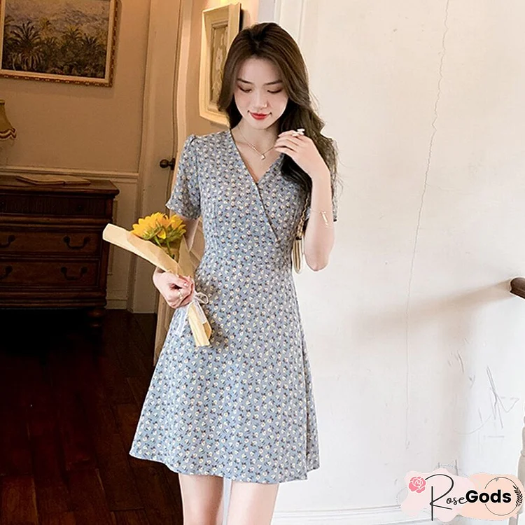 Spring Summer Print Floral Elegant Dress Women Loose Casual Beach Dress V Neck Short Sleeves Korean Fashion Party Dress New