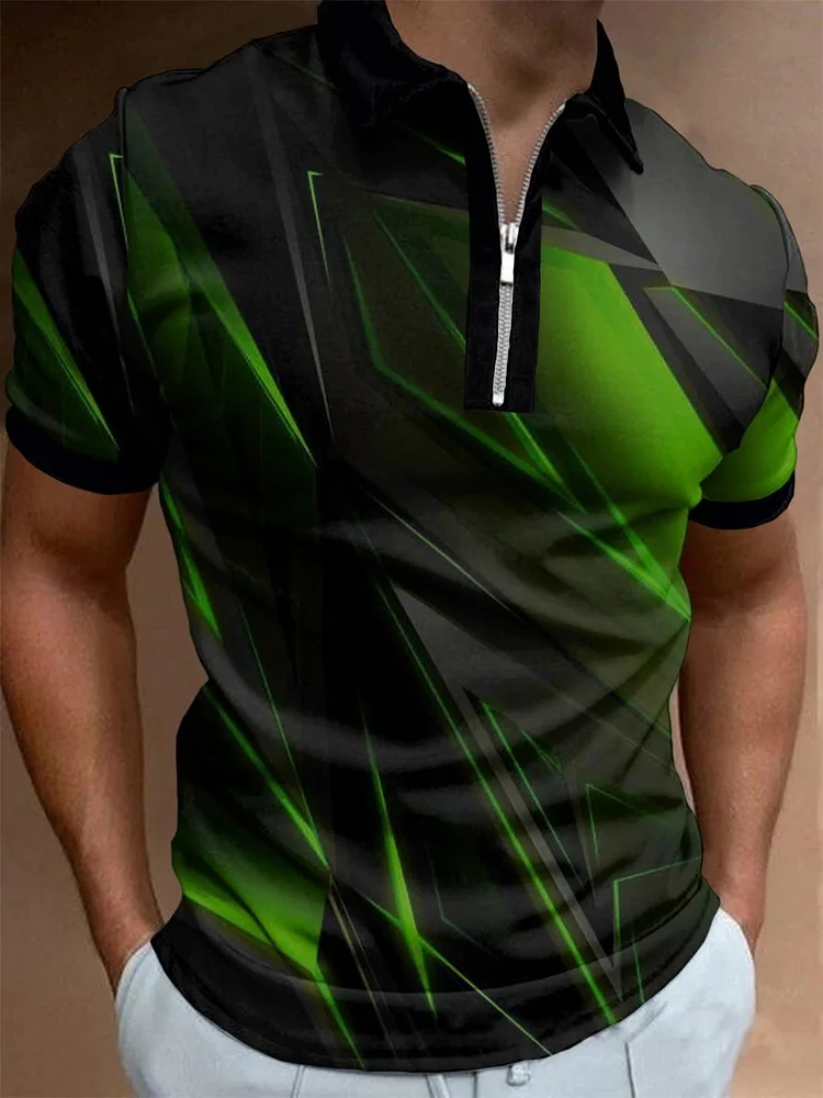 Men's Green Abstract Geometric Short Sleeve Polo Shirt