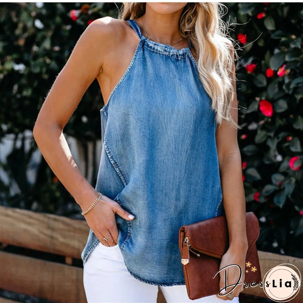 Fashion Trend Women Ladies Sexy Halter Denim Imitation Jean Vest Solid Color Lace Up Sleeveless Casual Top Tanks Camisole
