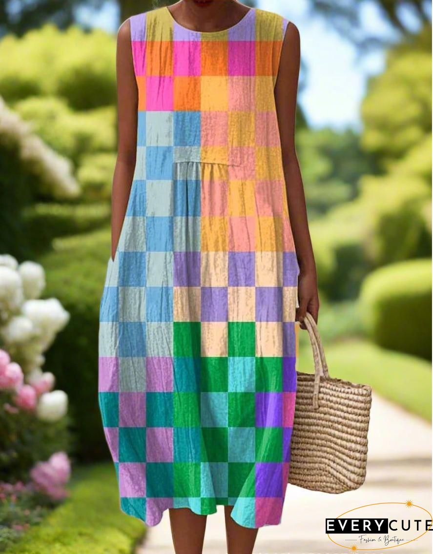 Loose Sleeveless Contrast Color Plaid Jumpsuits