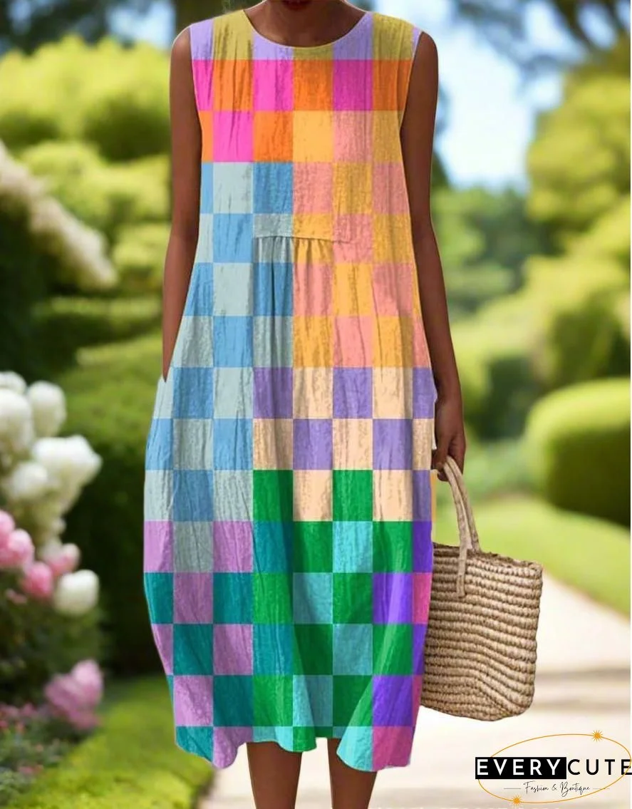 Loose Sleeveless Contrast Color Plaid Jumpsuits