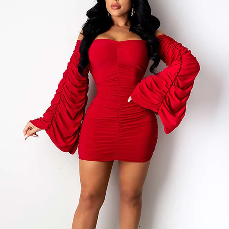 Solid Off Shoulder Long Sleeve Ruched Bodycon Dress - IRBOOM Fashion Clothing