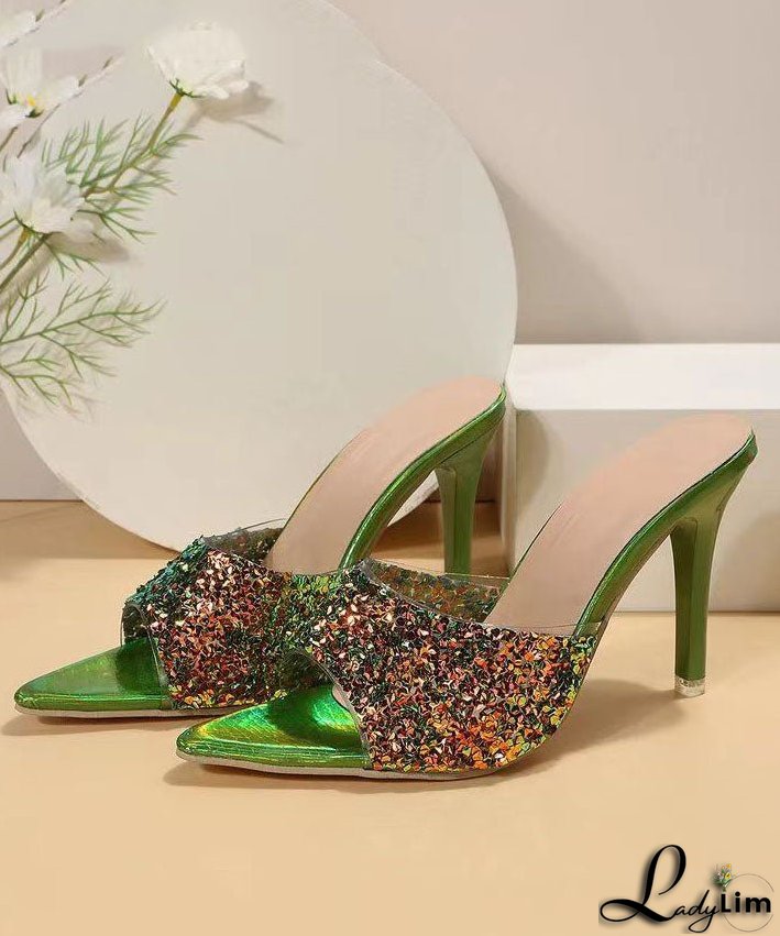 Fashion Green Sequins Splicing Stiletto High Heels Slide Sandals
