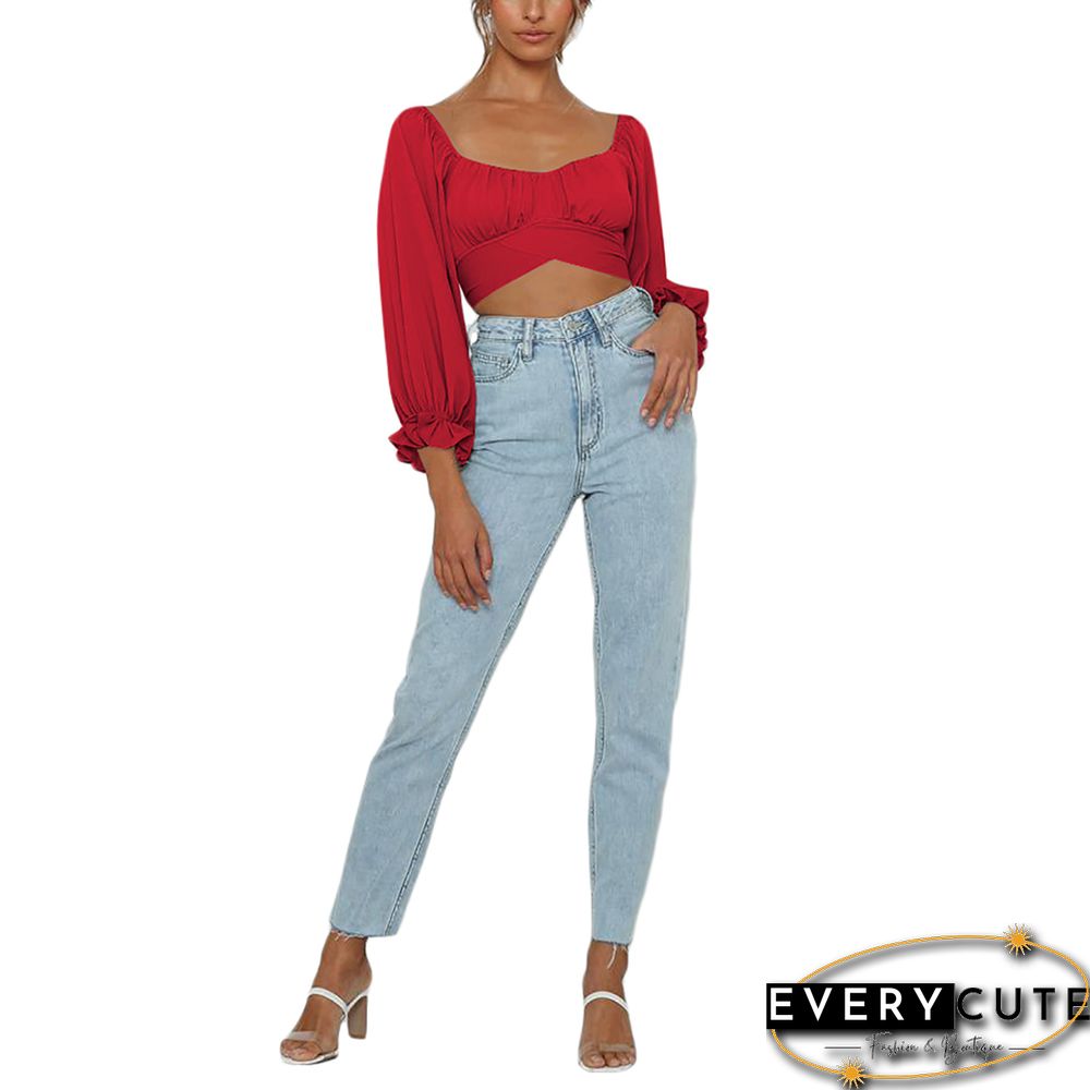 Red Long Sleeve Off Shoulder Crop Tops