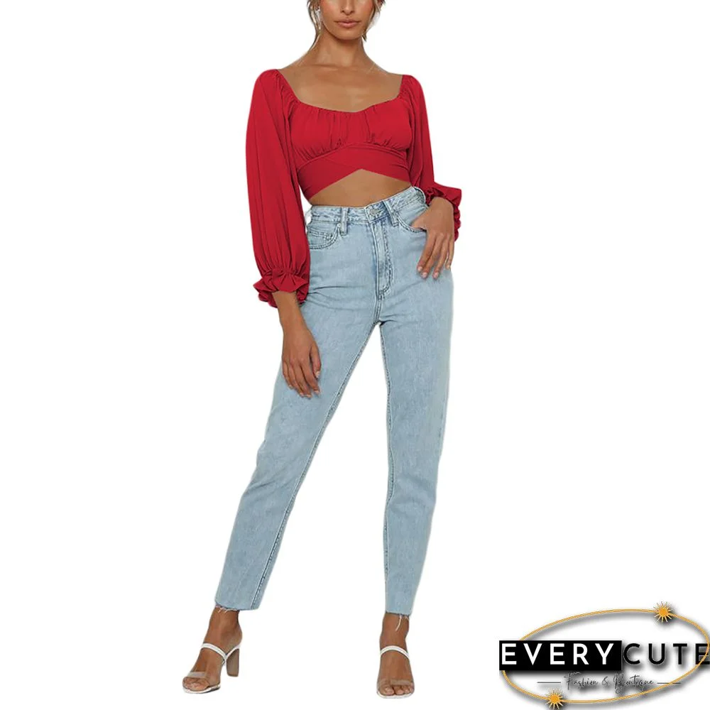 Red Long Sleeve Off Shoulder Crop Tops