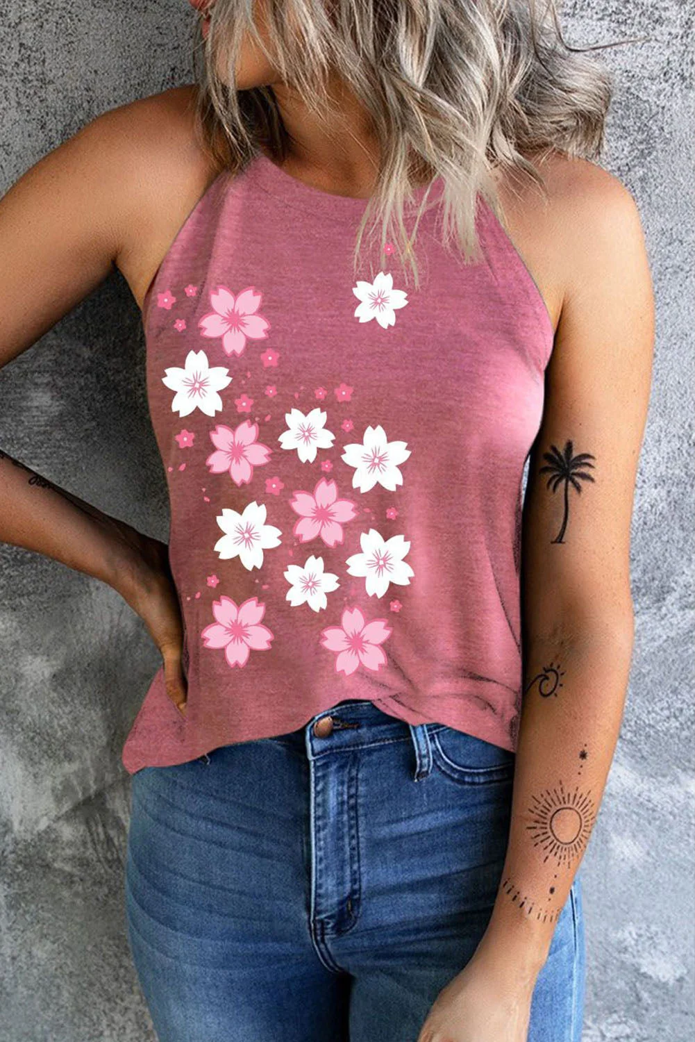 Cherry Blossom Round Neck Tank Top