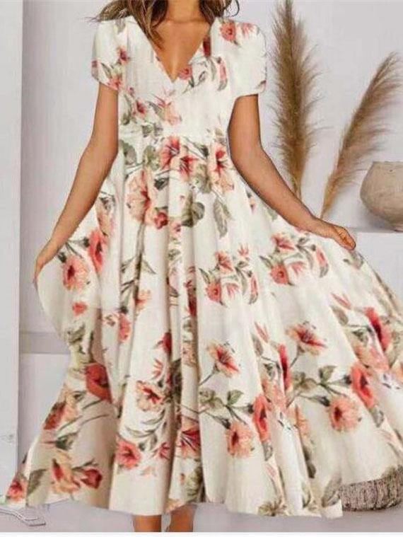 Women Short Sleeve V-neck Printed Midi Dress