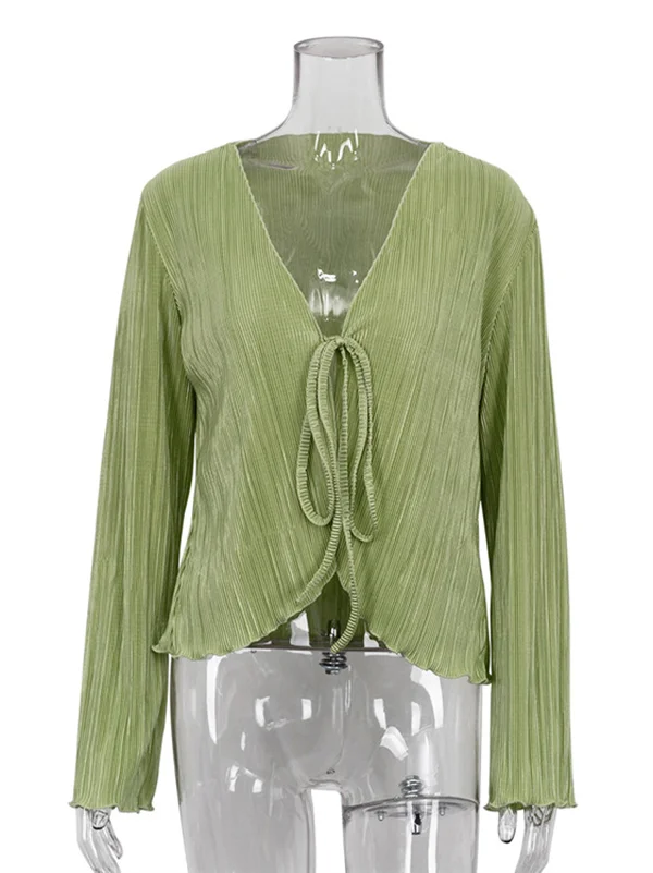Split-Joint Solid Color Pleated Lace-Up Loose Long Sleeves Deep V-Neck Blouses&Shirts Tops