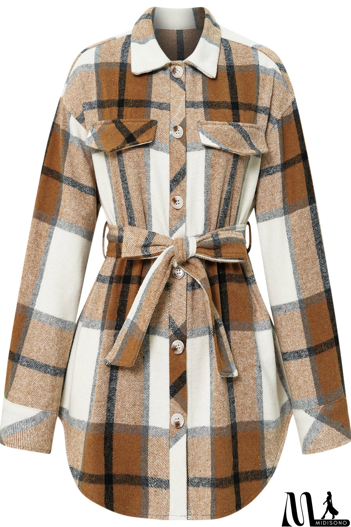 MidiSono - Casual White & Blue Plaid Shirt