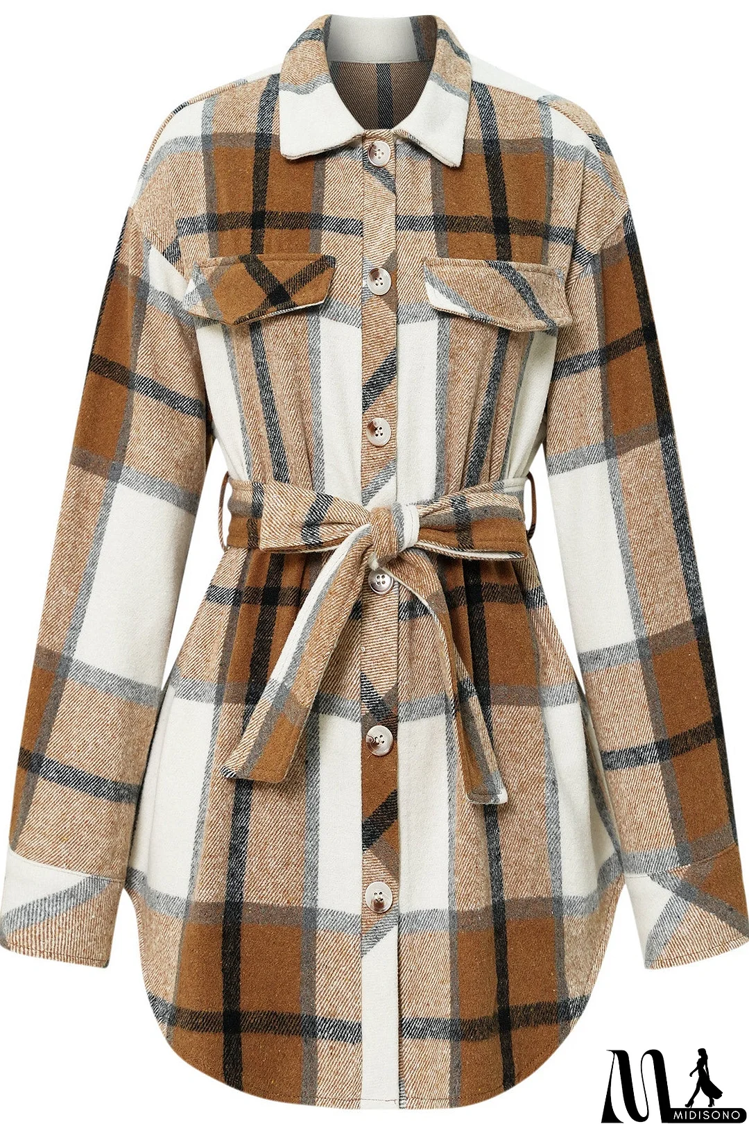 MidiSono - Casual White & Blue Plaid Shirt