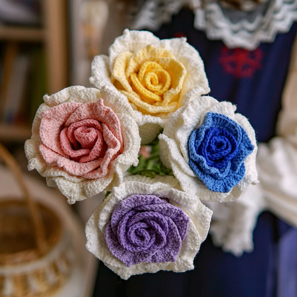 Handmade crochet wool weaving gradient rose home decoration simulation flower