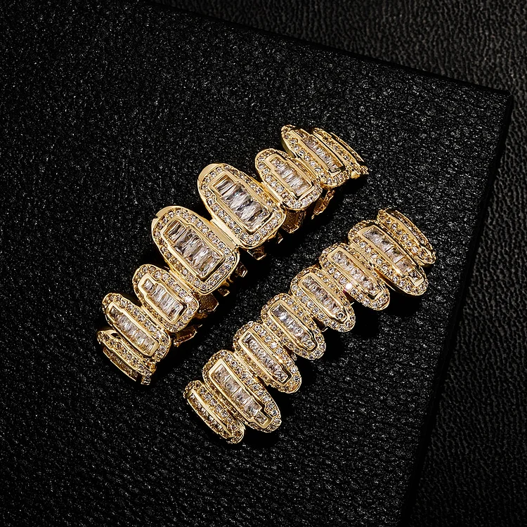 Iced Out Gold Plated Baguette Round Clustered CZ Teeth Halloween Vampire Grillz Set-VESSFUL