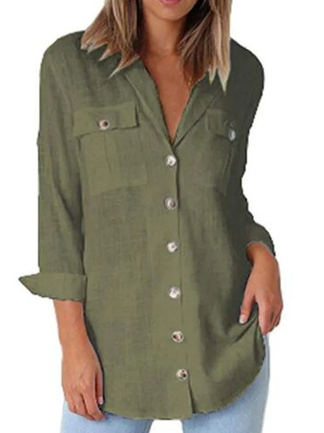 Shirt Collar Long Sleeve Buttoned Casual Shirts & Tops