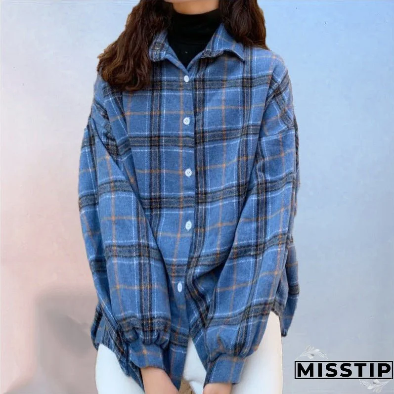 Women's Plaid Long-sleeved Shirt Autumn Korean Loose Blouses