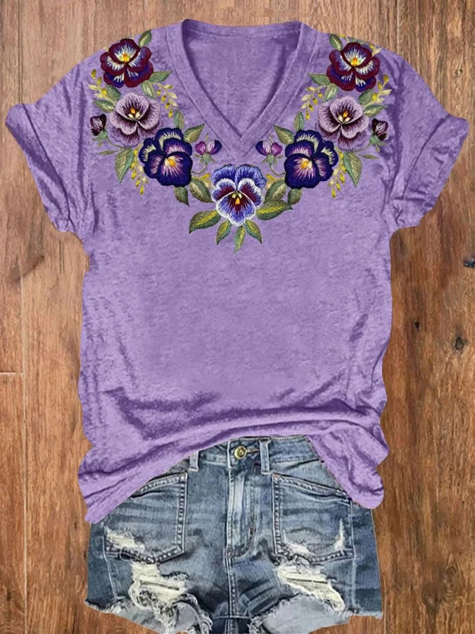 Women's Alzheimer's Purple Floral V-Neck T-Shirt socialshop