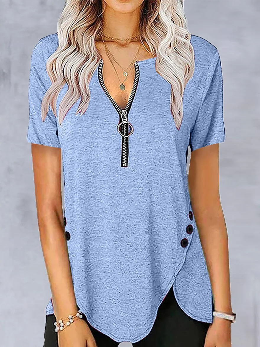 Round Neck Zipper Loose Casual Short-Sleeved T-Shirt