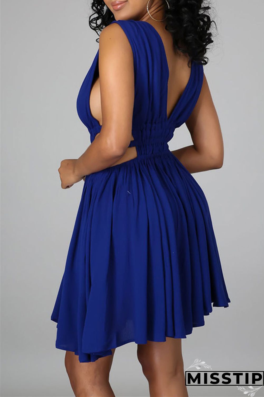 Blue Sexy Casual Solid Hollowed Out Backless V Neck Sleeveless Dress