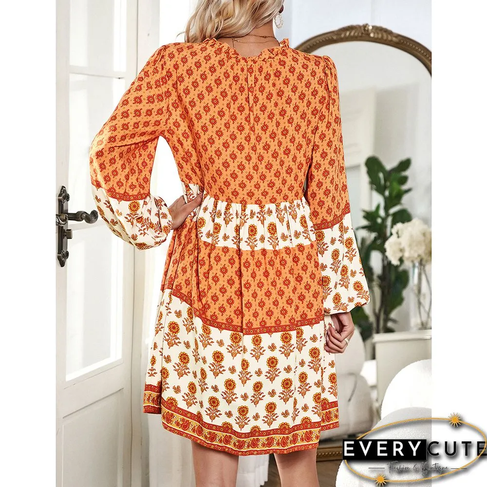 Orange Bohemia Print Button Detail V Neck Long Sleeve Dress
