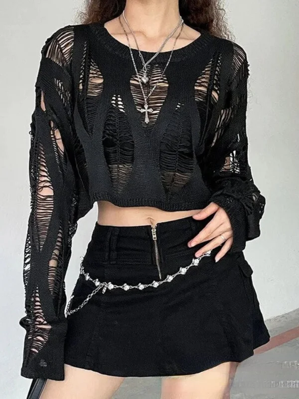 Gothic Dark Long Sleeve Knitted Crew Neck Cutout Solid Pattern Top