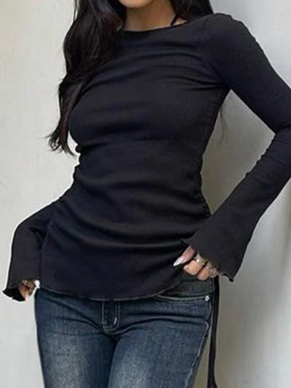 Brownm vintage knitted sweater with lacing and long sleeves