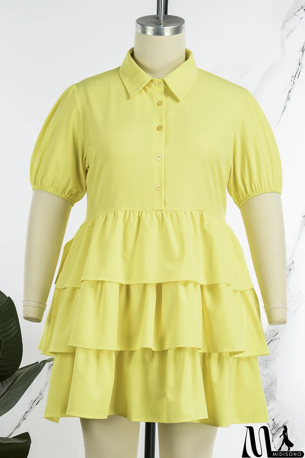 MidiSono - Light Blue Casual Solid Patchwork Turndown Collar Cake Skirt Plus Size Dresses