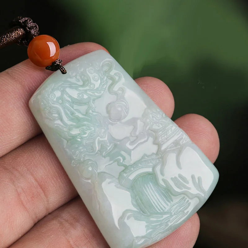 Chinese Zodiac Dragon Jade Mountain River Luck Necklace String Pendant