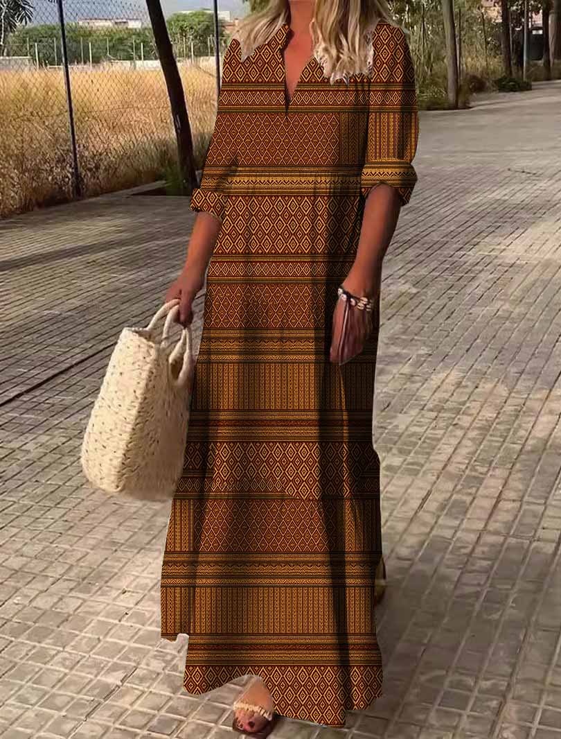 Women Checkered, Brown DZDN0332 SPU Printed Long Sleeve V-neck Maxi Dress